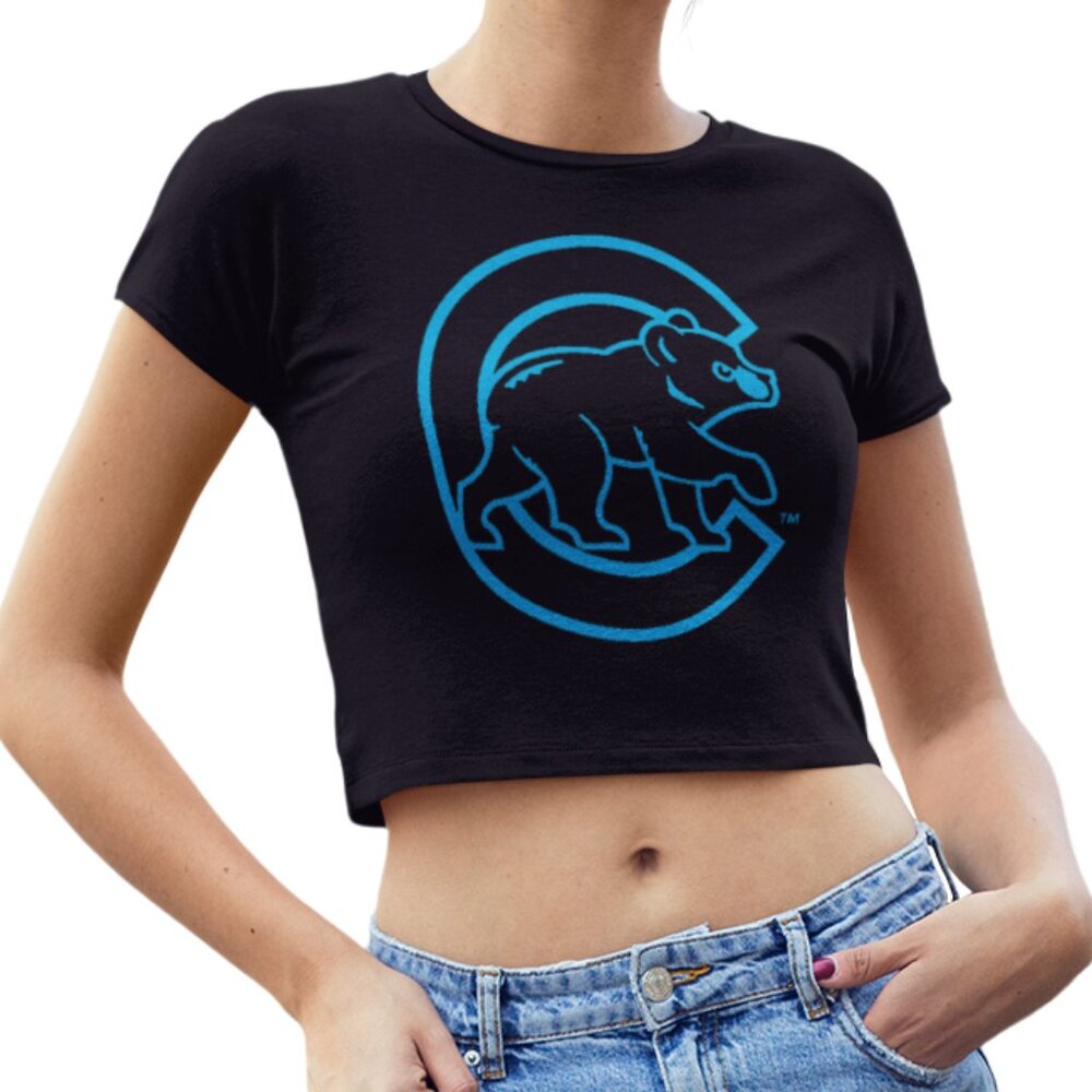 NEW Chicago Cubs C Bear Team Color Pop Form Fit Crop Top Shirt BLACK